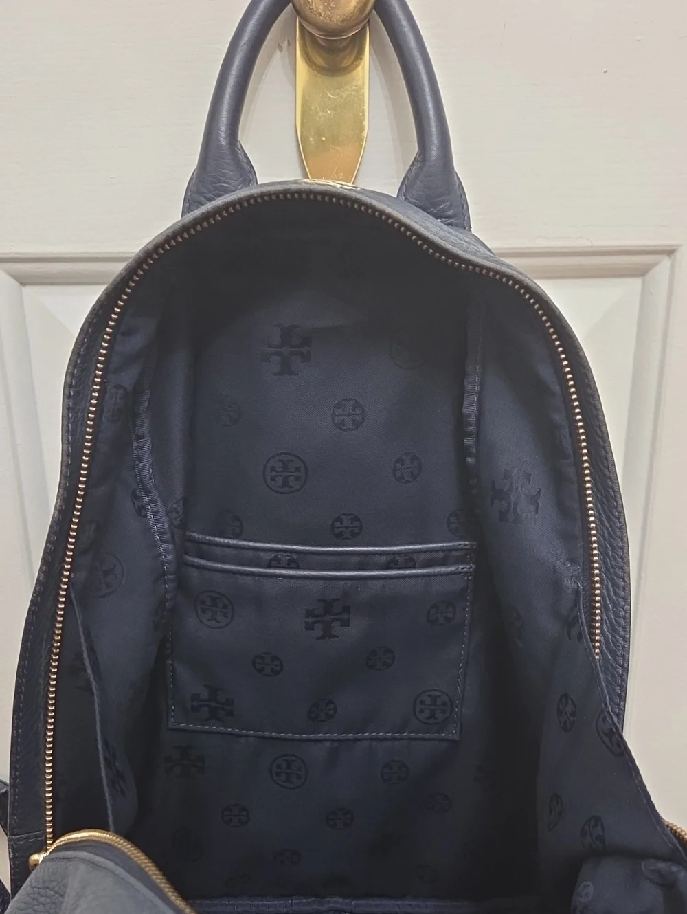 Tory Burch Navy Blue Logo Pebbled Leather Backpack